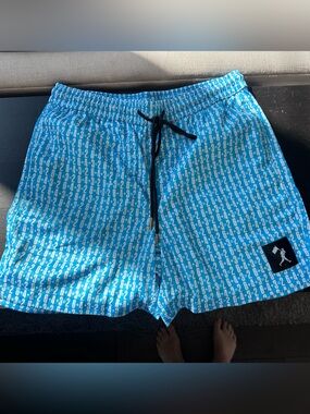 Men's Cyan Logo-Print Hybrid Swim Shorts with Black Drawstring